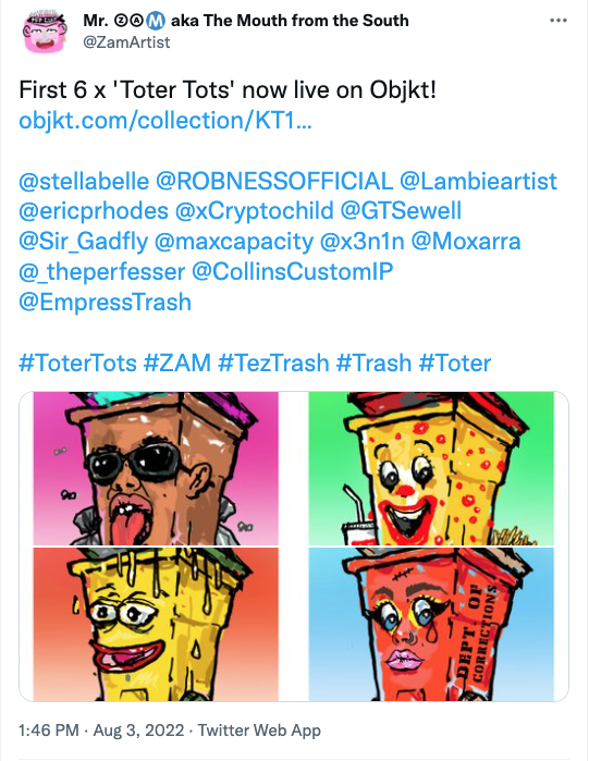 tweet about Toter Tots, toter based caricatures of NFT artists